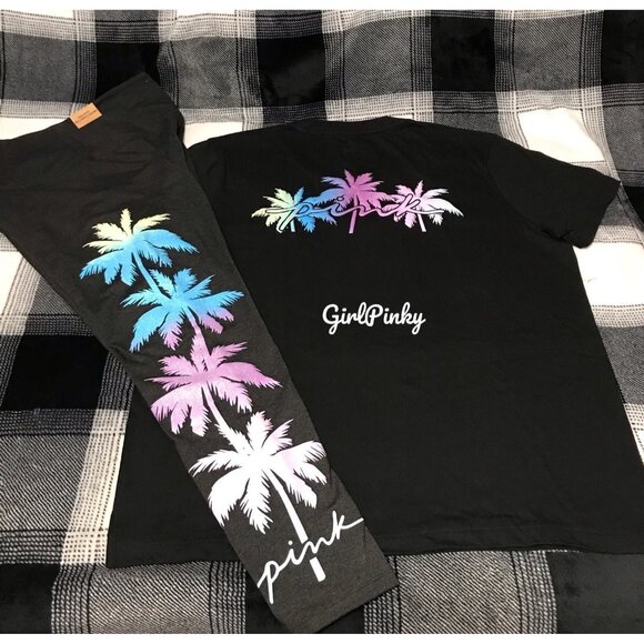 victoria secret PINK leggings outfit with PALM TREE SHINE LOGO SIZES 2X/XL - Picture 2 of 11